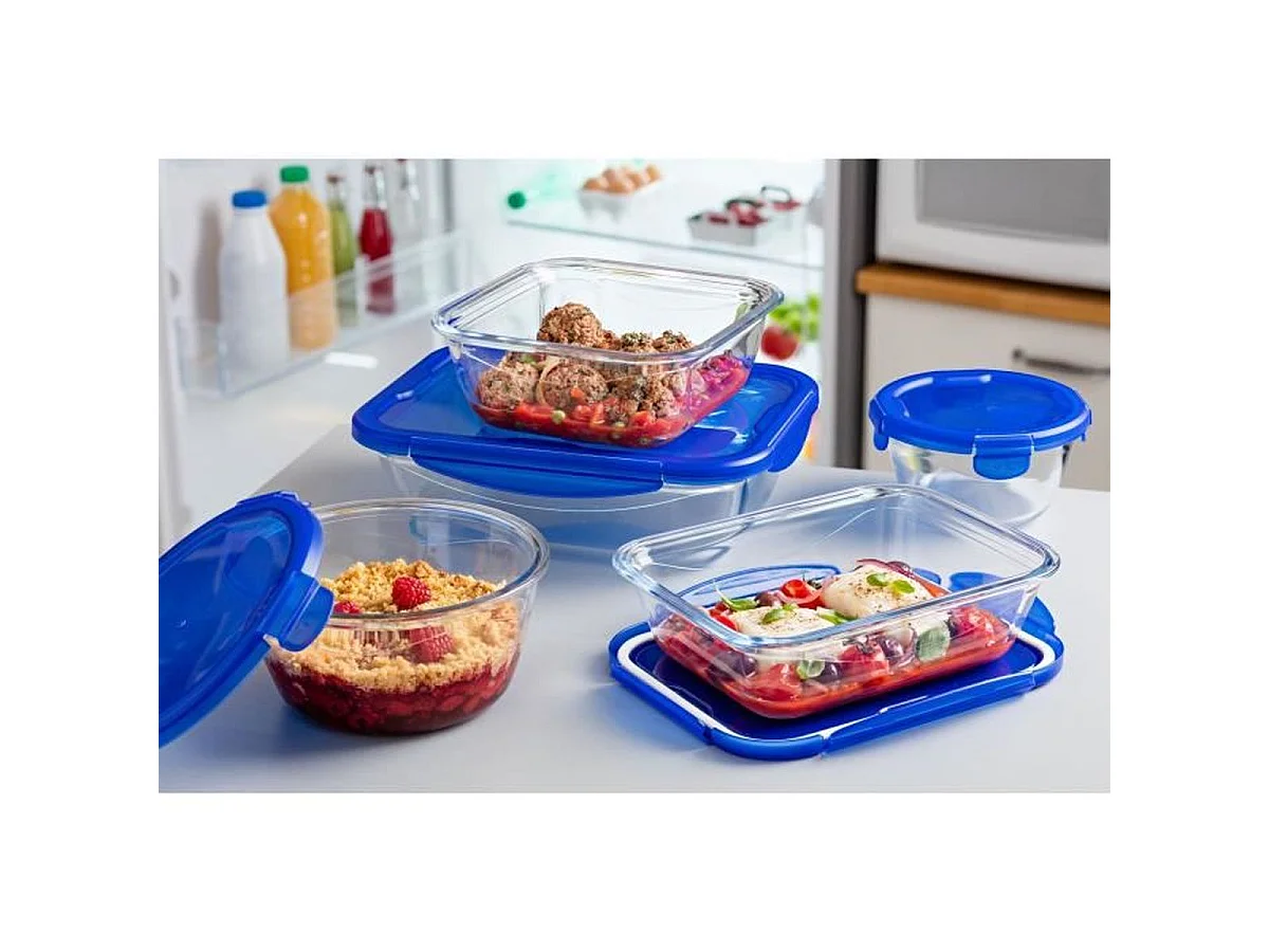 PYREX Cook & Go ensemble de conservation en verre borosilicate 7 pièces avec couvercles bleus hermétiques