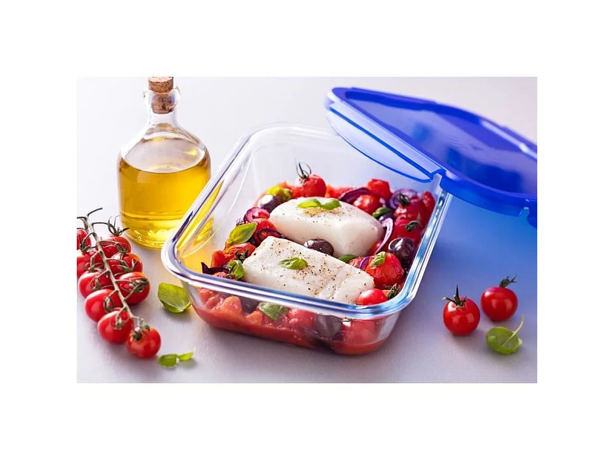 PYREX Cook & Go ensemble de conservation en verre borosilicate 7 pièces avec couvercles bleus hermétiques