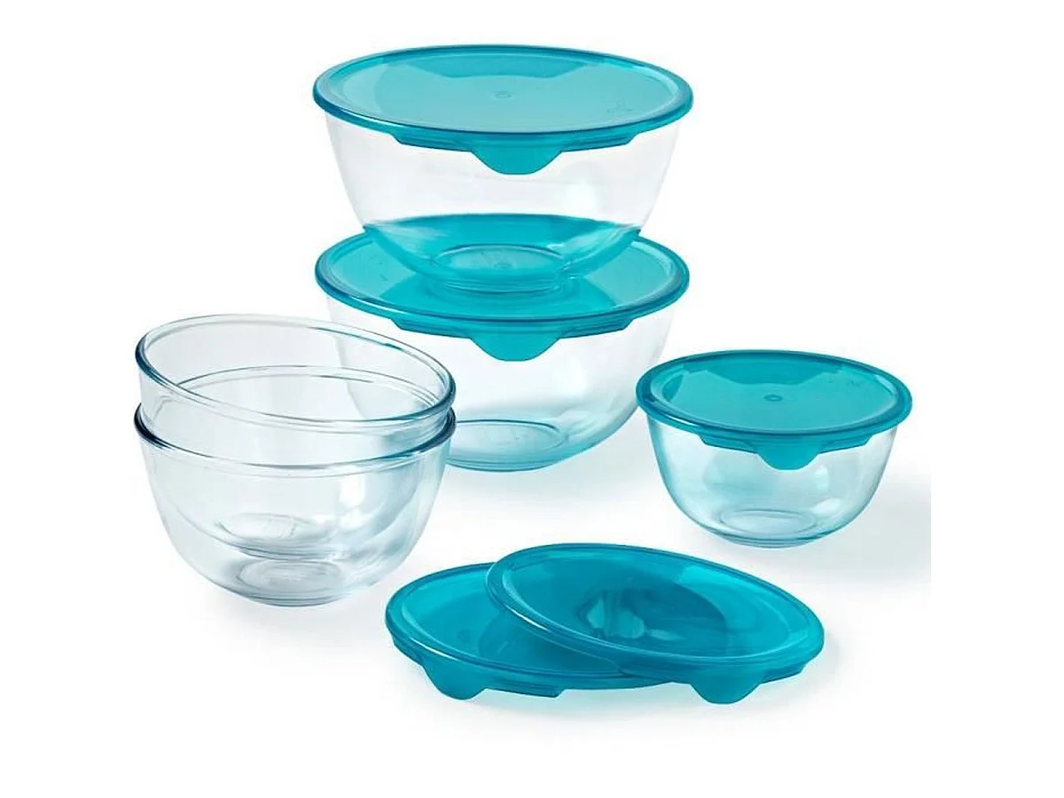 PYREX Lot de 5 jattes en verre borosilicate avec couvercles (1×0,5 L, 2×1 L, 2×2 L)