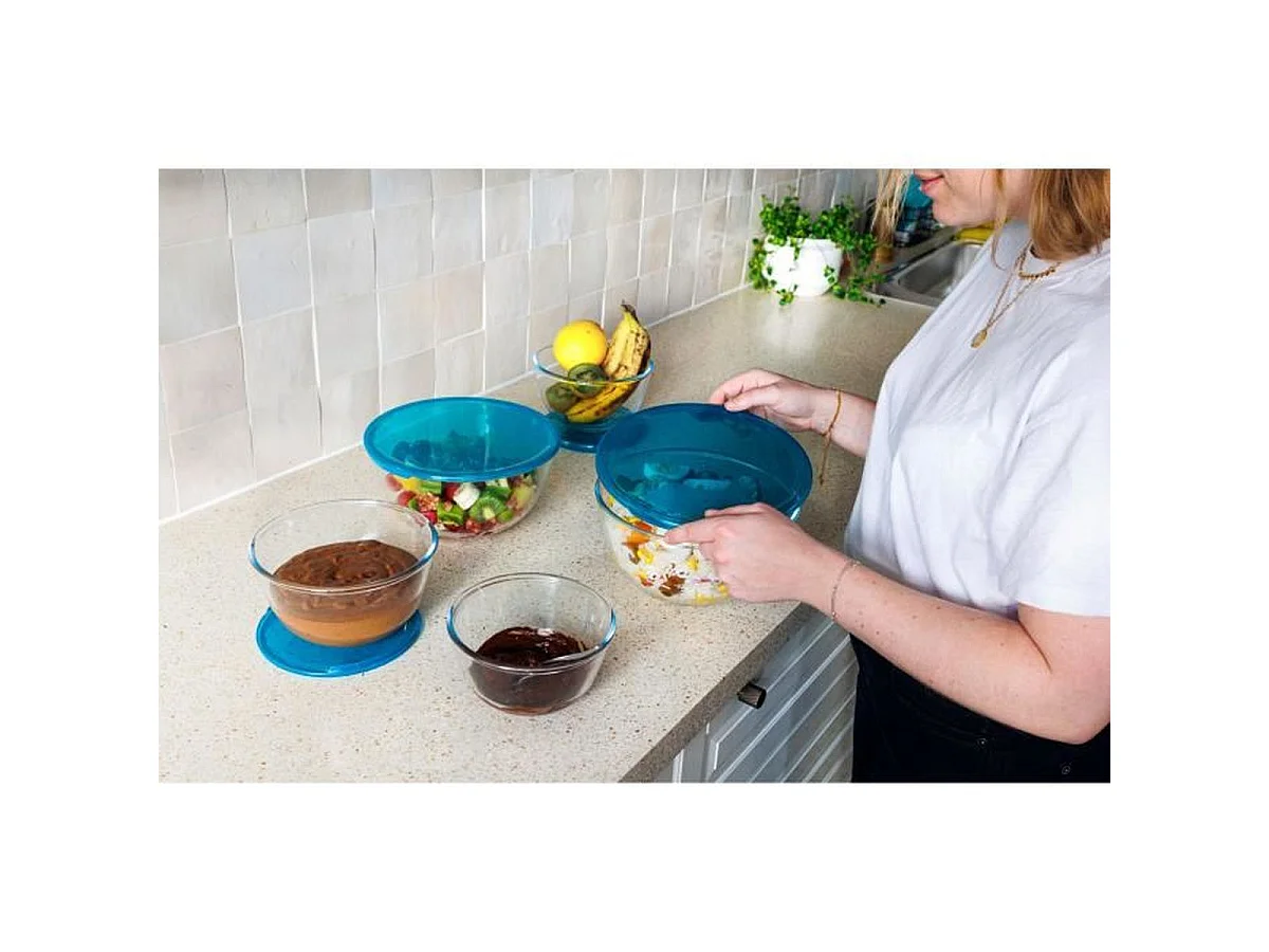 PYREX Lot de 5 jattes en verre borosilicate avec couvercles (1×0,5 L, 2×1 L, 2×2 L)
