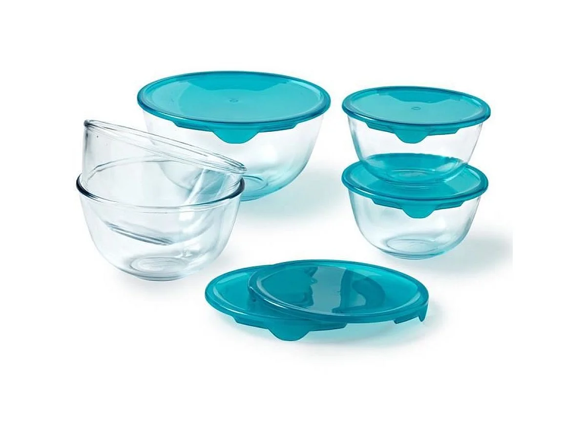 PYREX Lot de 5 jattes en verre borosilicate avec couvercles - 2×0,5L, 1×1L, 2×2L