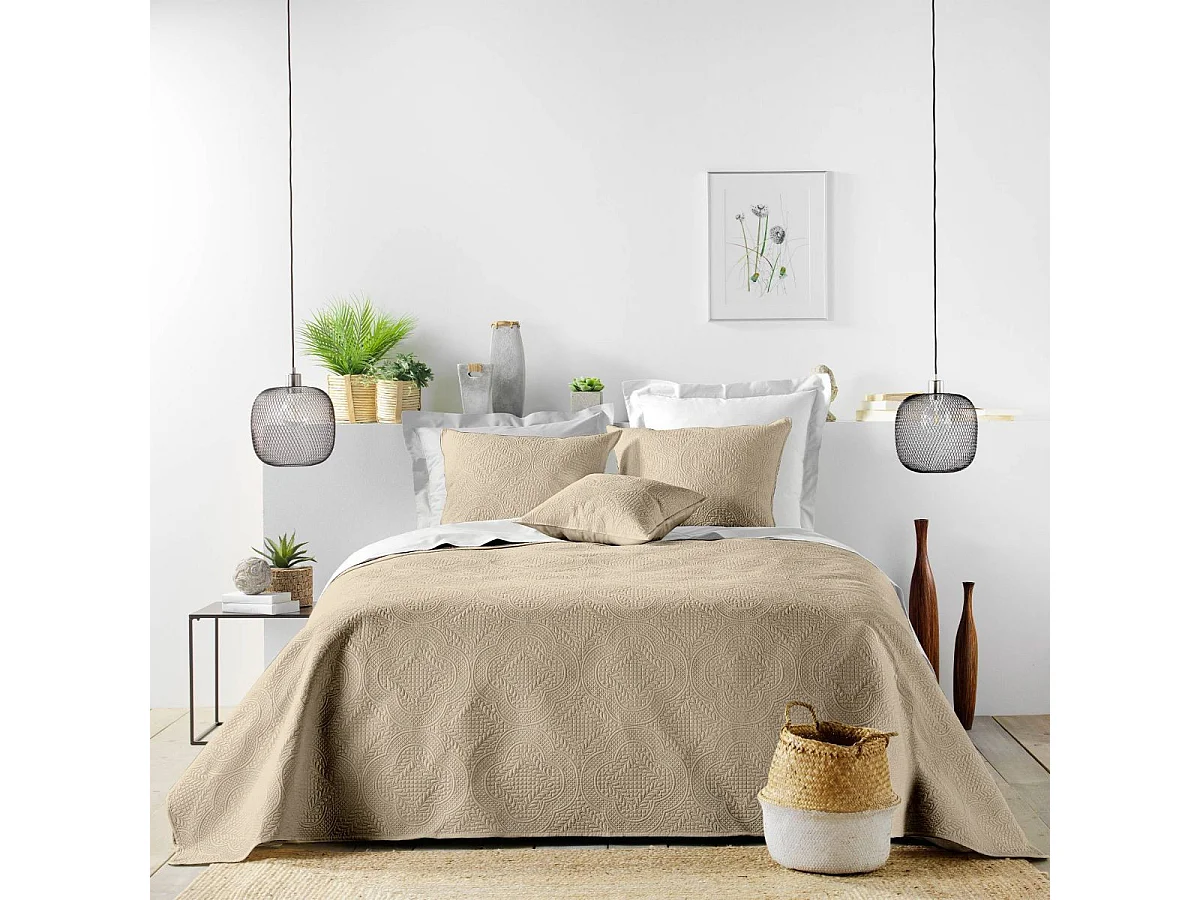 Couvre-Lit & 2 Housses de Coussin "Romane" 240x260cm Beige Lin