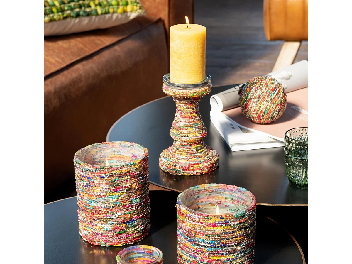 Bougeoir Déco en Verre "Perles" 19cm Multicolore