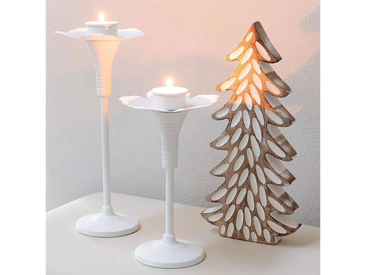 Lot de 2 Bougeoirs Fleurs en Métal "Oldies" 29cm Blanc