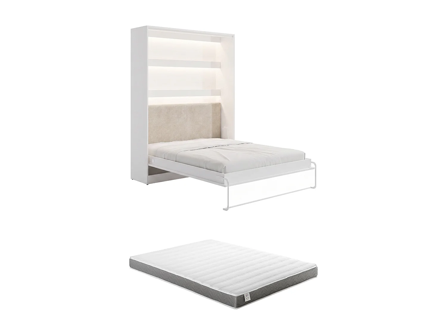 Lit escamotable 160 x 200 cm avec tête de lit en velours côtelé - Ouverture verticale manuelle - Avec LEDs - Blanc + Matelas - RAPILI