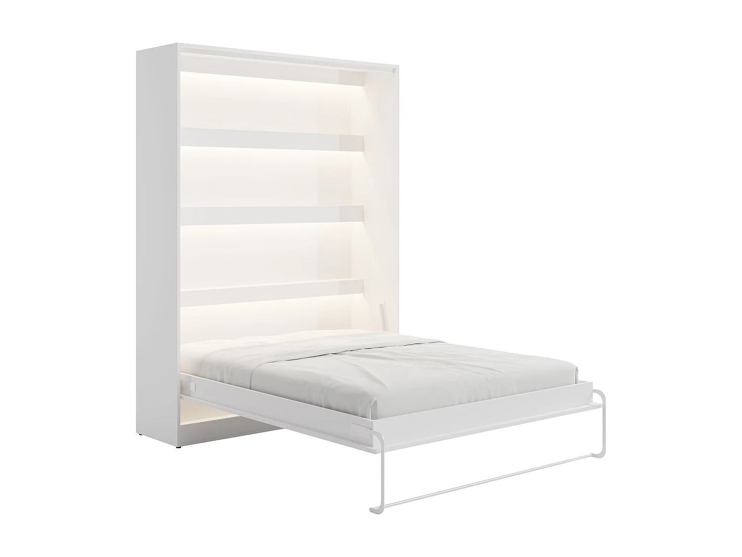 Lit escamotable 160 x 200 cm avec tête de lit en velours côtelé - Ouverture verticale manuelle - Avec LEDs - Blanc + Matelas - RAPILI