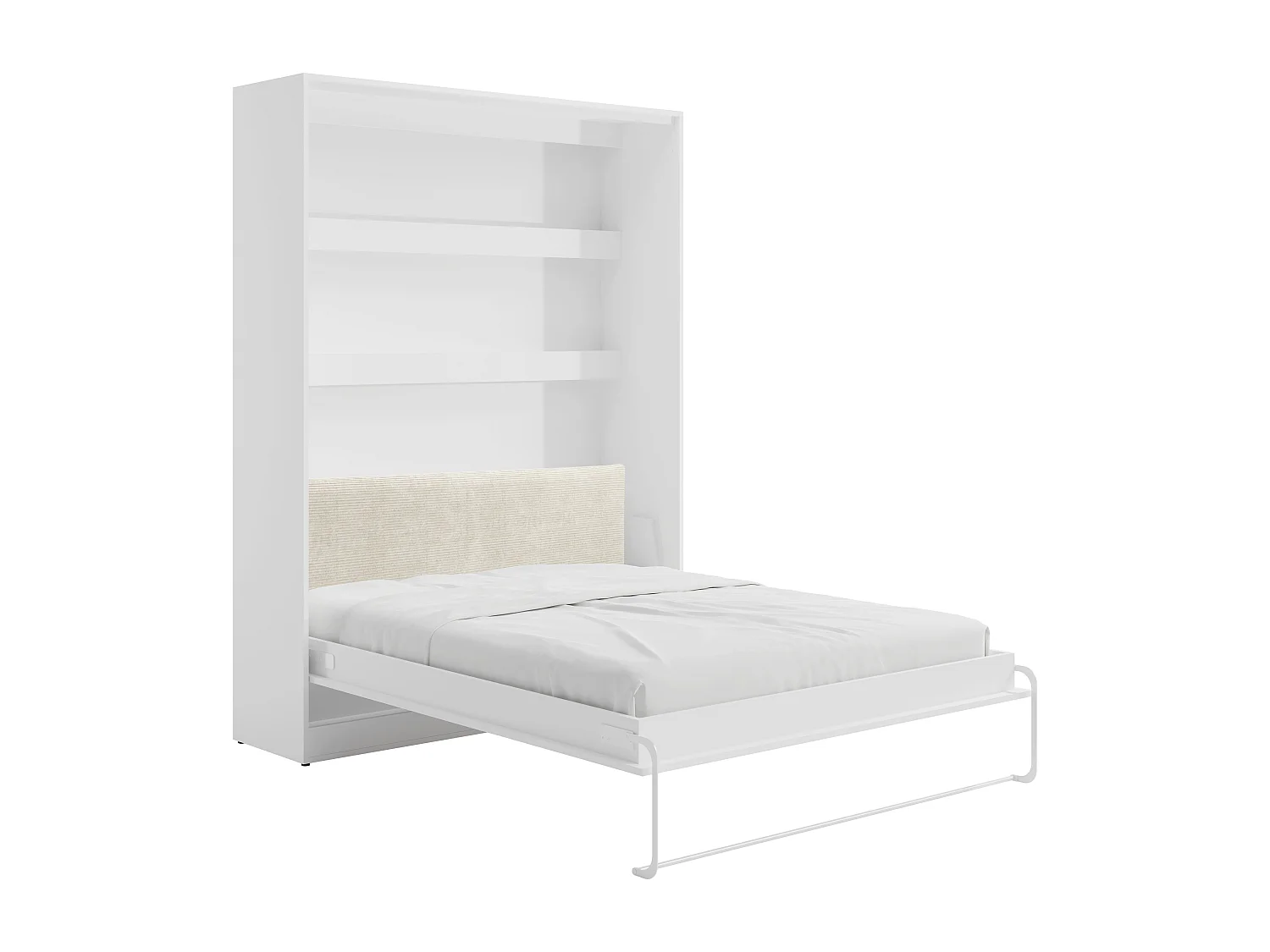 Lit escamotable 160 x 200 cm avec tête de lit en velours côtelé - Ouverture verticale manuelle - Avec LEDs - Blanc + Matelas - RAPILI