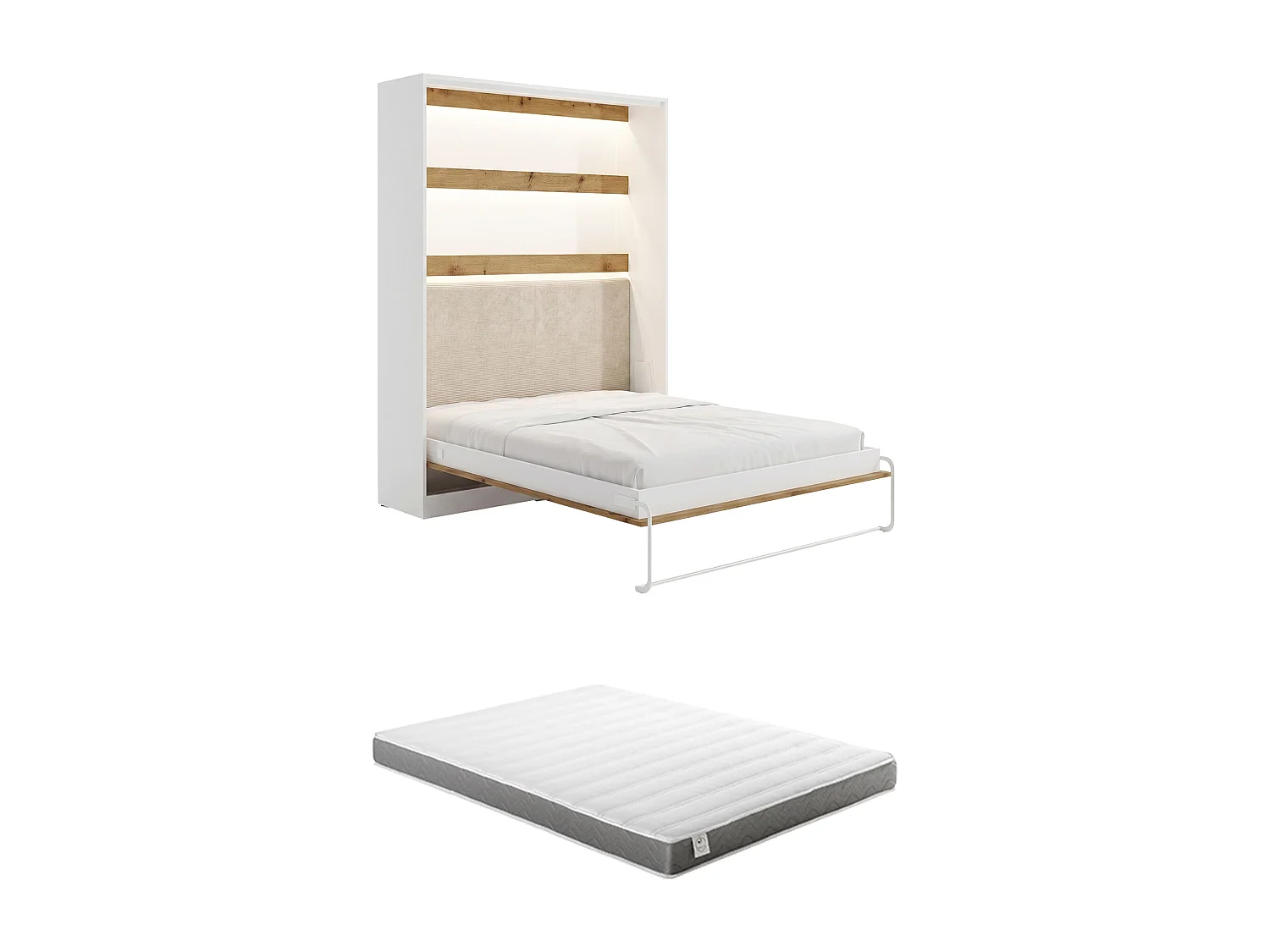 Lit escamotable 160 x 200 cm avec tête de lit en velours côtelé - Ouverture verticale manuelle - Avec LEDs - Blanc et naturel + Matelas - RAPILI