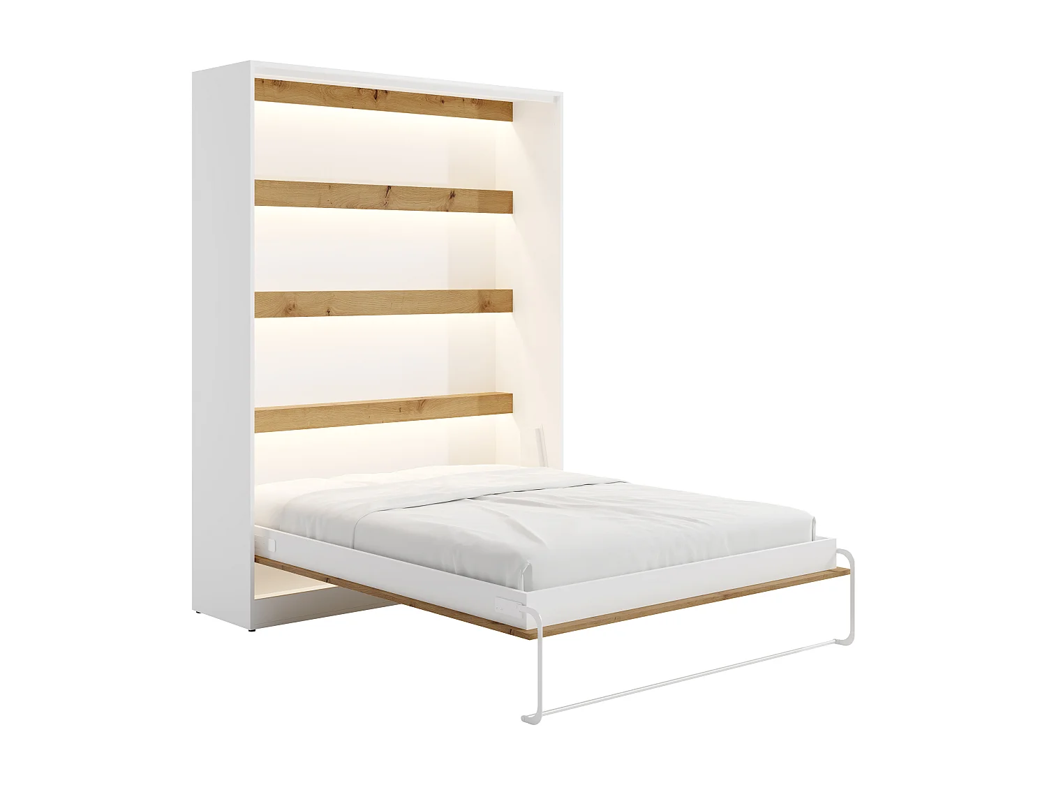 Lit escamotable 160 x 200 cm avec tête de lit en velours côtelé - Ouverture verticale manuelle - Avec LEDs - Blanc et naturel + Matelas - RAPILI