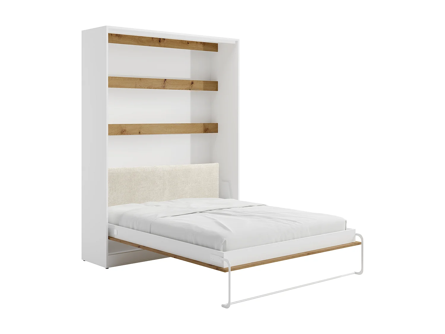Lit escamotable 160 x 200 cm avec tête de lit en velours côtelé - Ouverture verticale manuelle - Avec LEDs - Blanc et naturel + Matelas - RAPILI