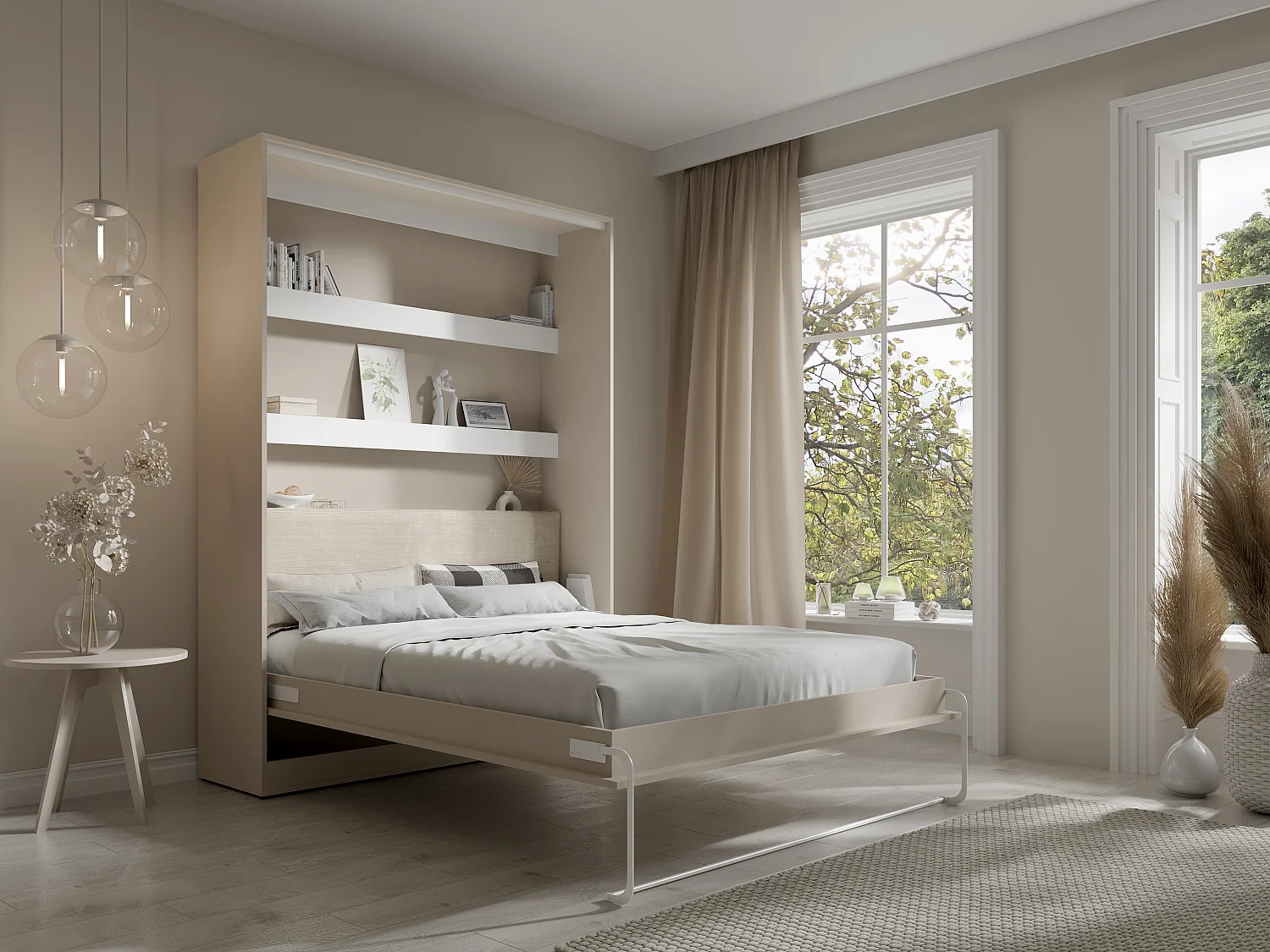 Lit escamotable 160 x 200 cm avec tête de lit en velours côtelé - Ouverture verticale manuelle - Avec LEDs - Beige + Matelas - RAPILI