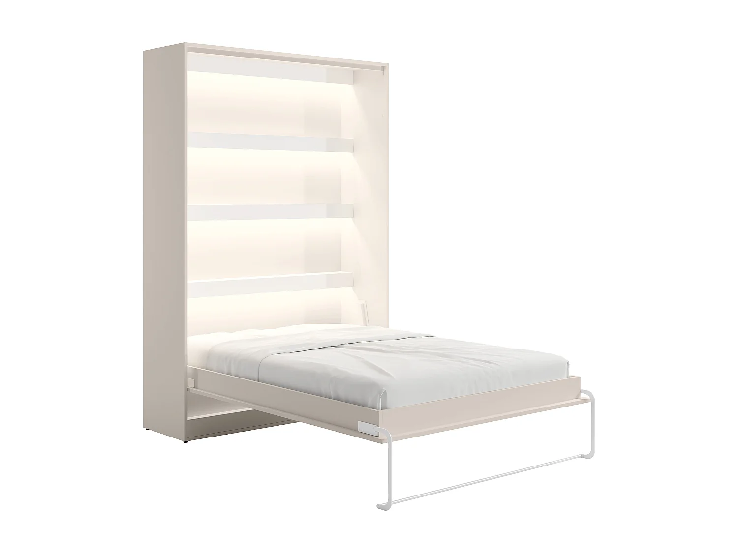Lit escamotable 160 x 200 cm avec tête de lit en velours côtelé - Ouverture verticale manuelle - Avec LEDs - Beige + Matelas - RAPILI