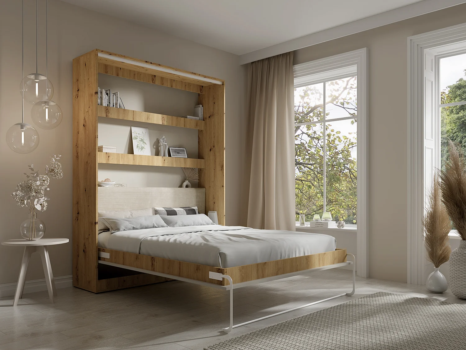 Lit escamotable 160 x 200 cm avec tête de lit en velours côtelé - Ouverture verticale manuelle - Avec LEDs - Beige et naturel + Matelas - RAPILI