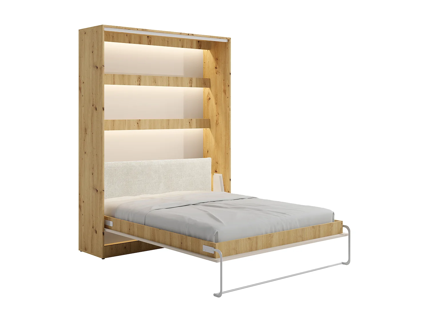 Lit escamotable 160 x 200 cm avec tête de lit en velours côtelé - Ouverture verticale manuelle - Avec LEDs - Beige et naturel + Matelas - RAPILI