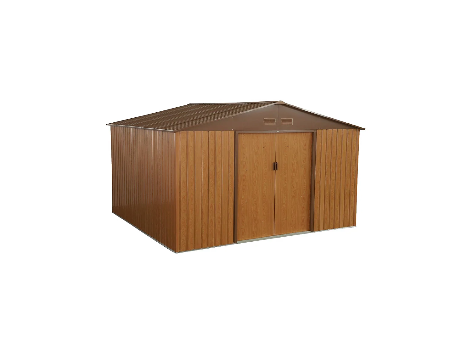 Abri de jardin en métal - Boulonnais - 10.85m² bois et marron - Cabane à outils avec deux portes coulissantes. kit de fixation sol inclus. maison de rangement.