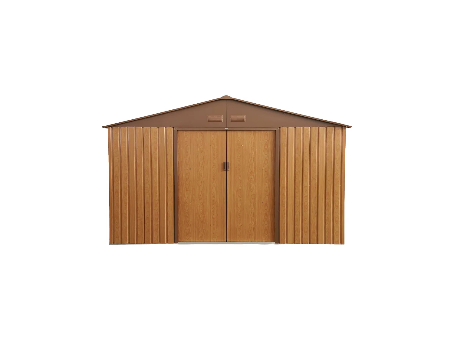 Abri de jardin en métal - Boulonnais - 10.85m² bois et marron - Cabane à outils avec deux portes coulissantes. kit de fixation sol inclus. maison de rangement.