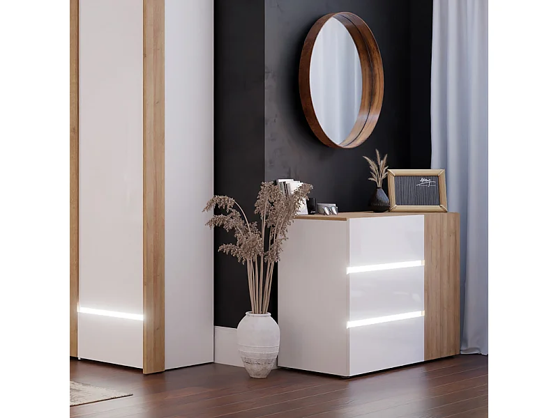 Commode 82 cm 3 tiroirs 1 porte décor chêne et blanc avec LED – ILLYA