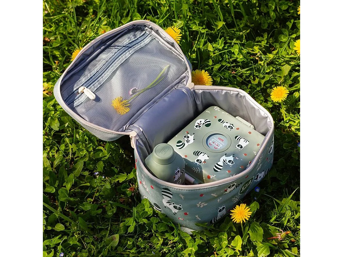 MONBENTO Frosty 5L - Gourde & Lunch Box Sac Isotherme Enfant Vert Raccoon