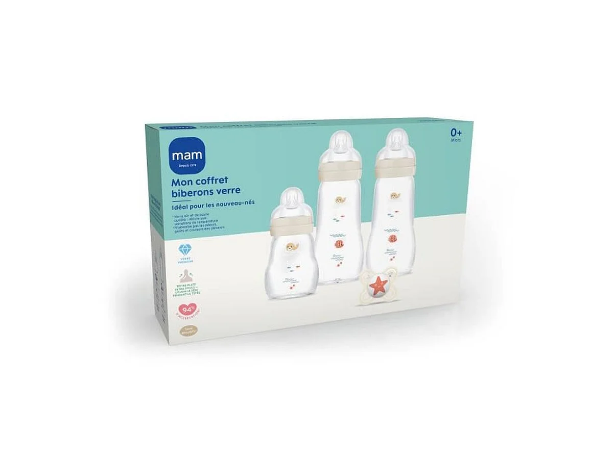 Set naissance MAM en verre — 1 x 170 ml + 2 x 260 ml avec sucette (0+ mois)