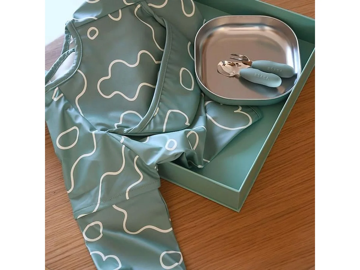 BEABA First Meal Set Vert Sauge - Assiette inox, couverts ergonomiques, bavoir, boîte cadeau