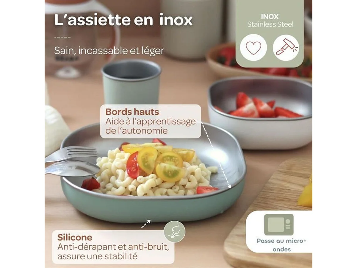 BEABA First Meal Set Vert Sauge - Assiette inox, couverts ergonomiques, bavoir, boîte cadeau