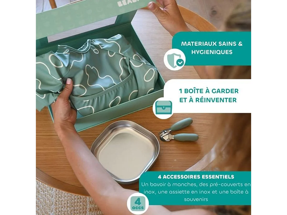 BEABA First Meal Set Vert Sauge - Assiette inox, couverts ergonomiques, bavoir, boîte cadeau