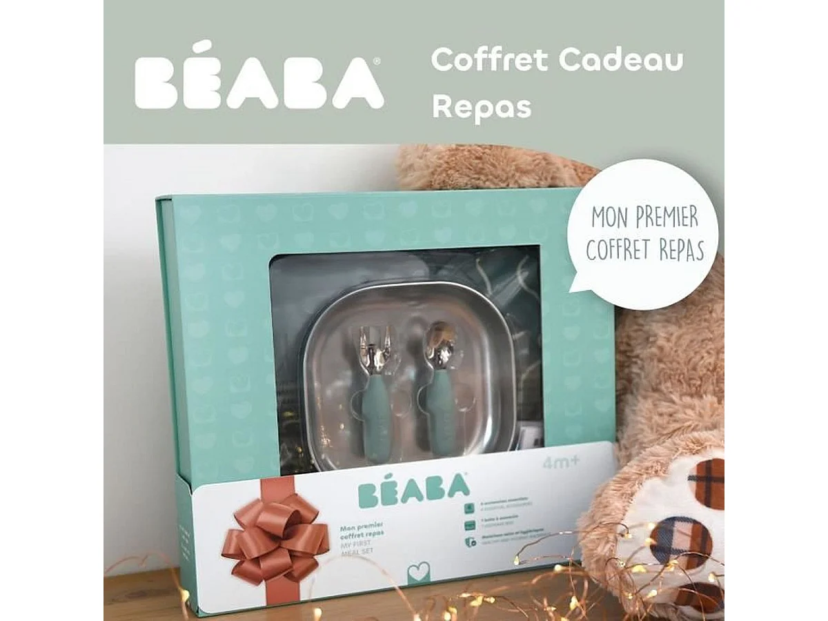 BEABA First Meal Set Vert Sauge - Assiette inox, couverts ergonomiques, bavoir, boîte cadeau