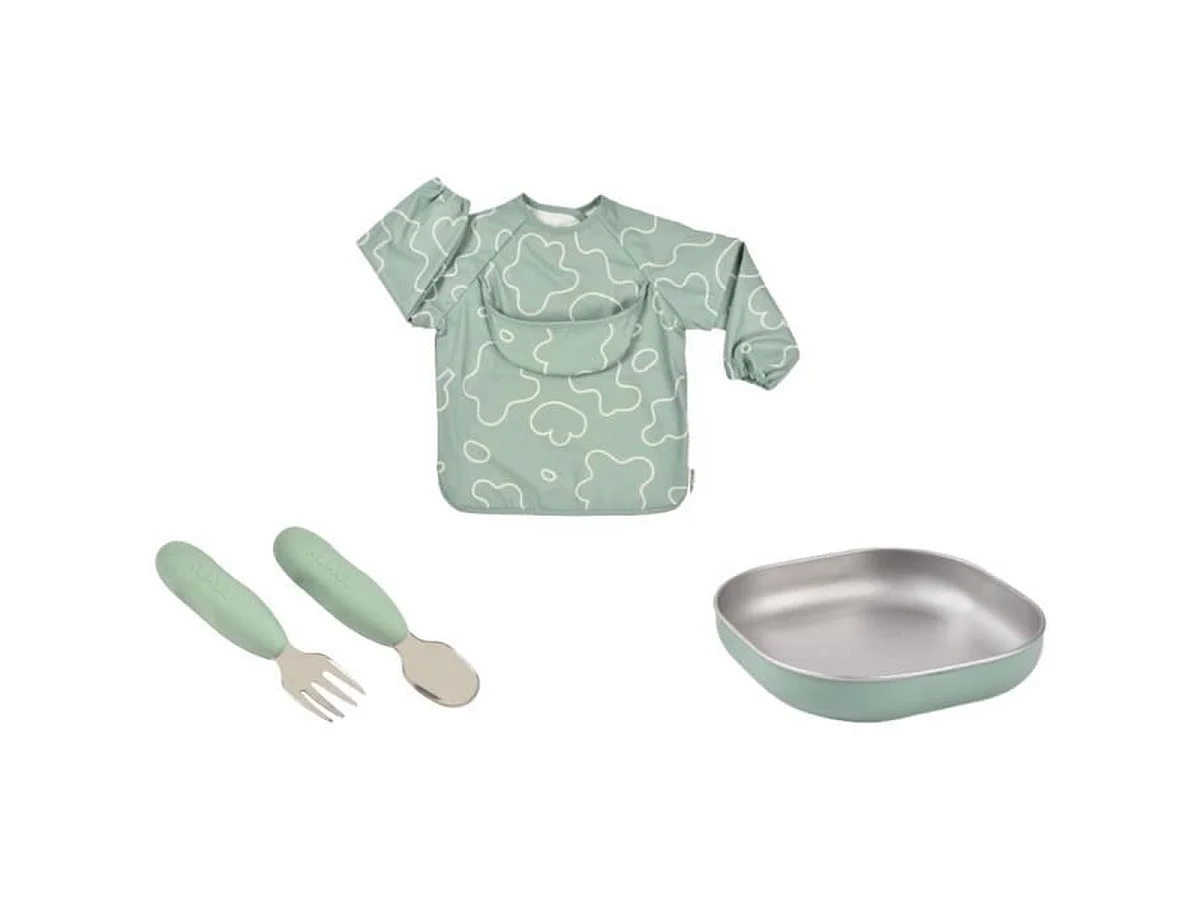 BEABA First Meal Set Vert Sauge - Assiette inox, couverts ergonomiques, bavoir, boîte cadeau