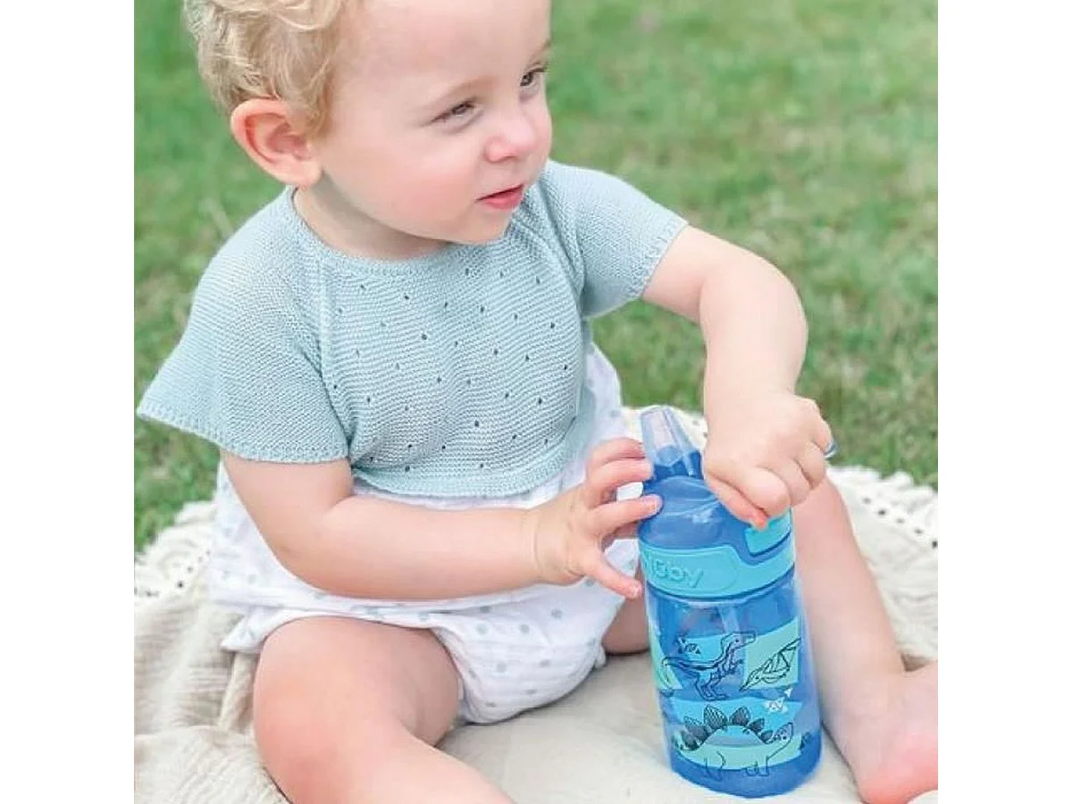 NUBY Incredible Gulp - Gourdes à embout souple 360 ml, lot de 2 (dinosaures bleu)