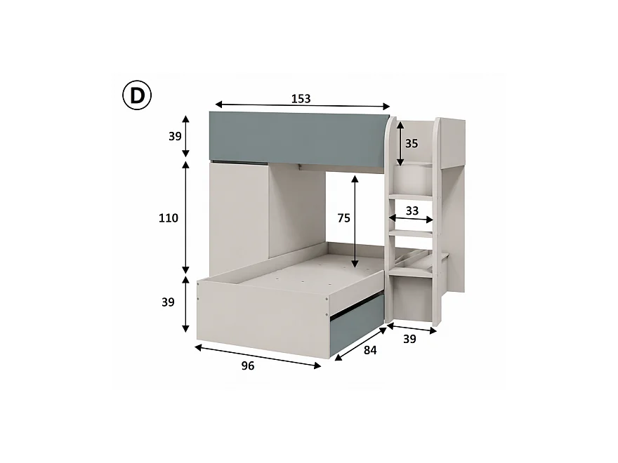 Lit enfant superposé réversibles en 4 différentes positions coloris vert /cachemire - Longueur 255 x Hauteur 152 x Profondeur 111 cm