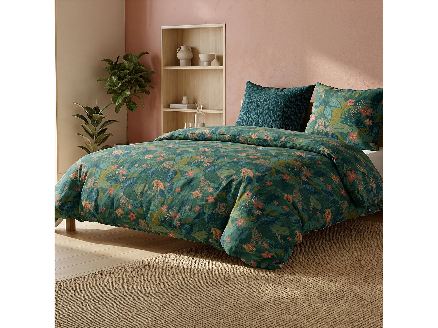 Parure housse de couette 100% coton Zania motif tropical feuillage vert