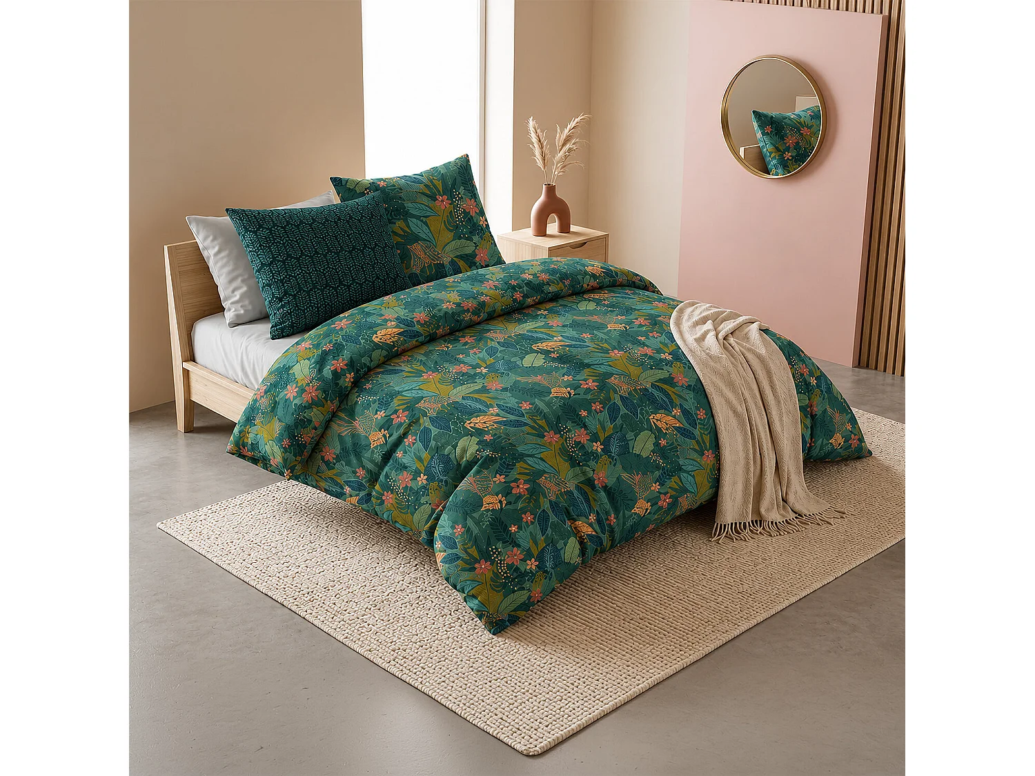 Parure housse de couette 100% coton Zania motif tropical feuillage vert