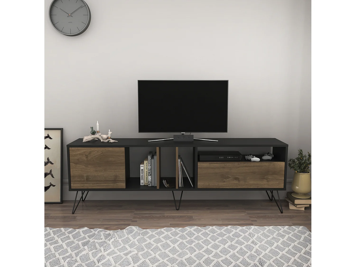 Mistiko Meuble TV 180 cm Niches et Armoires avec Pieds en Métal (Blanc et Noyer)