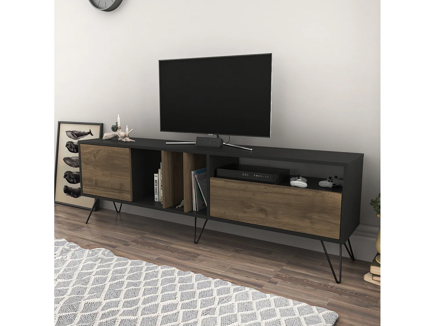 Mistiko Meuble TV 180 cm Niches et Armoires avec Pieds en Métal (Blanc et Noyer)