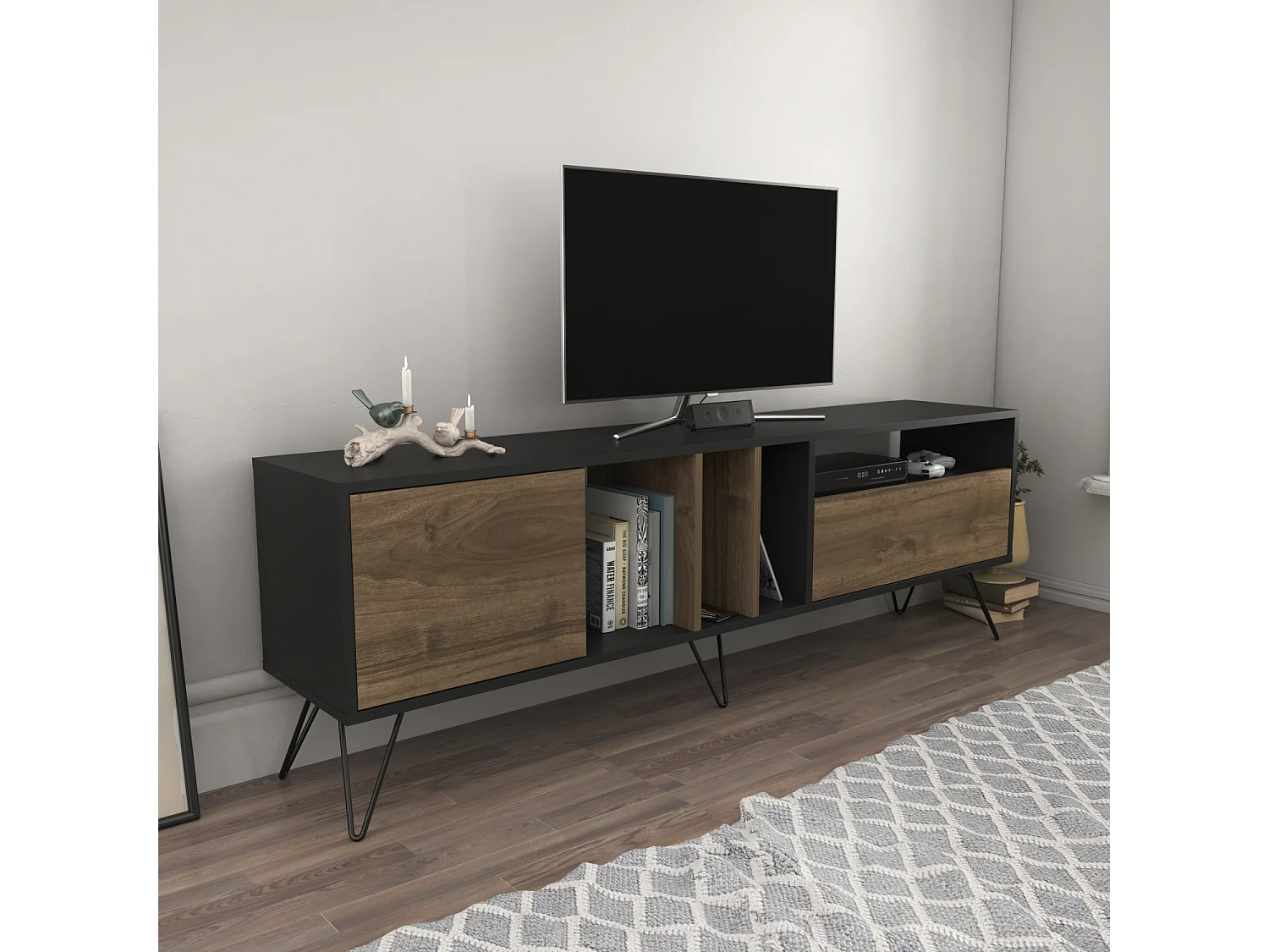 Mistiko Meuble TV 180 cm Niches et Armoires avec Pieds en Métal (Blanc et Noyer)