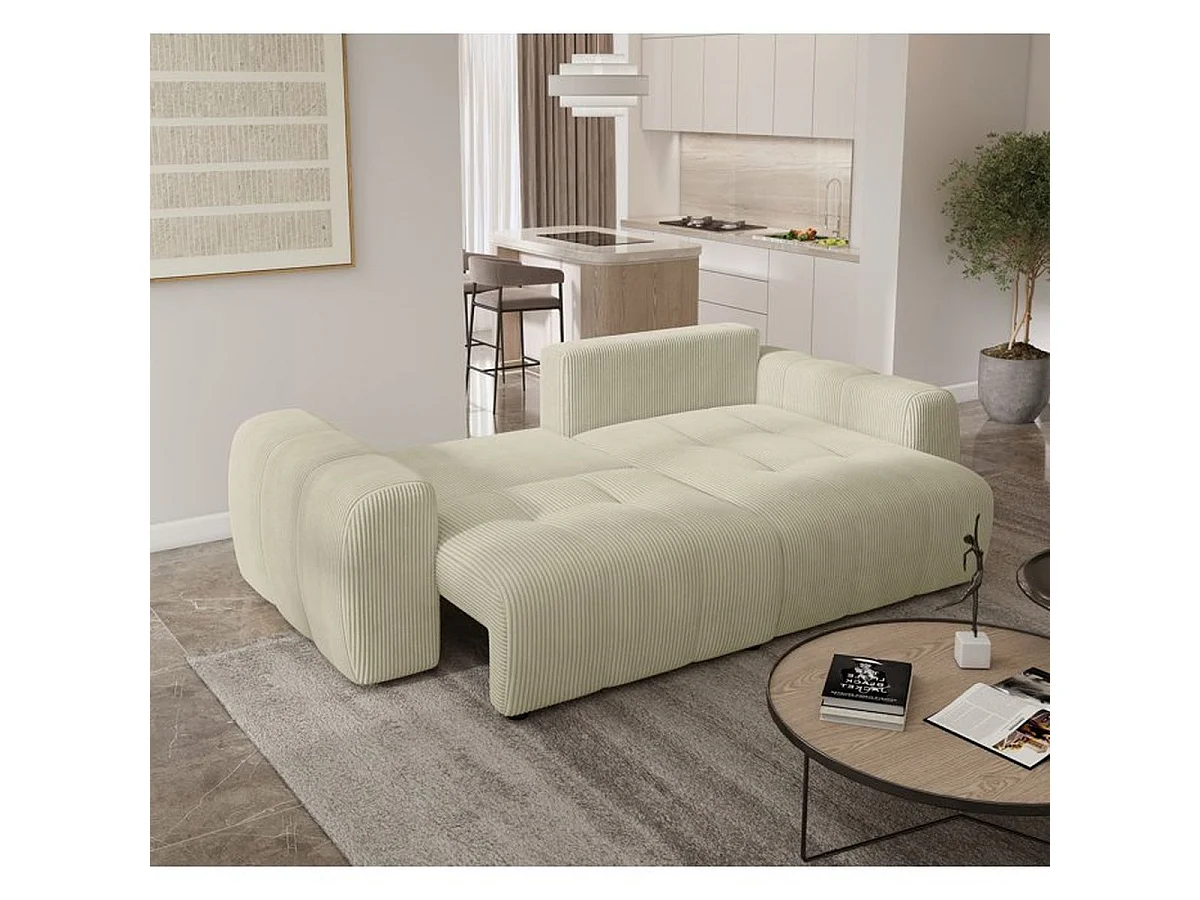 Canapé d’angle convertible 4 places BRANDON en tissu crème avec rangement, réversible et convertible