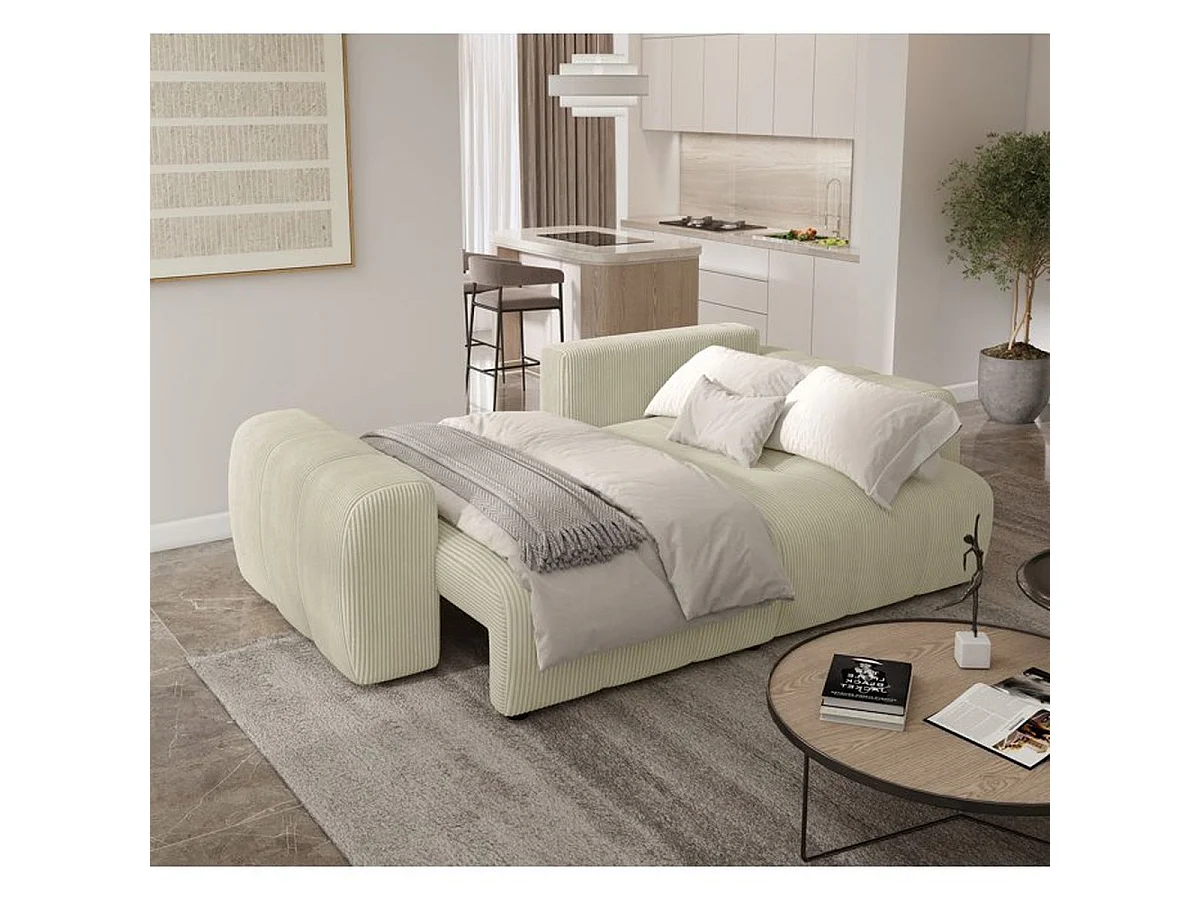 Canapé d’angle convertible 4 places BRANDON en tissu crème avec rangement, réversible et convertible