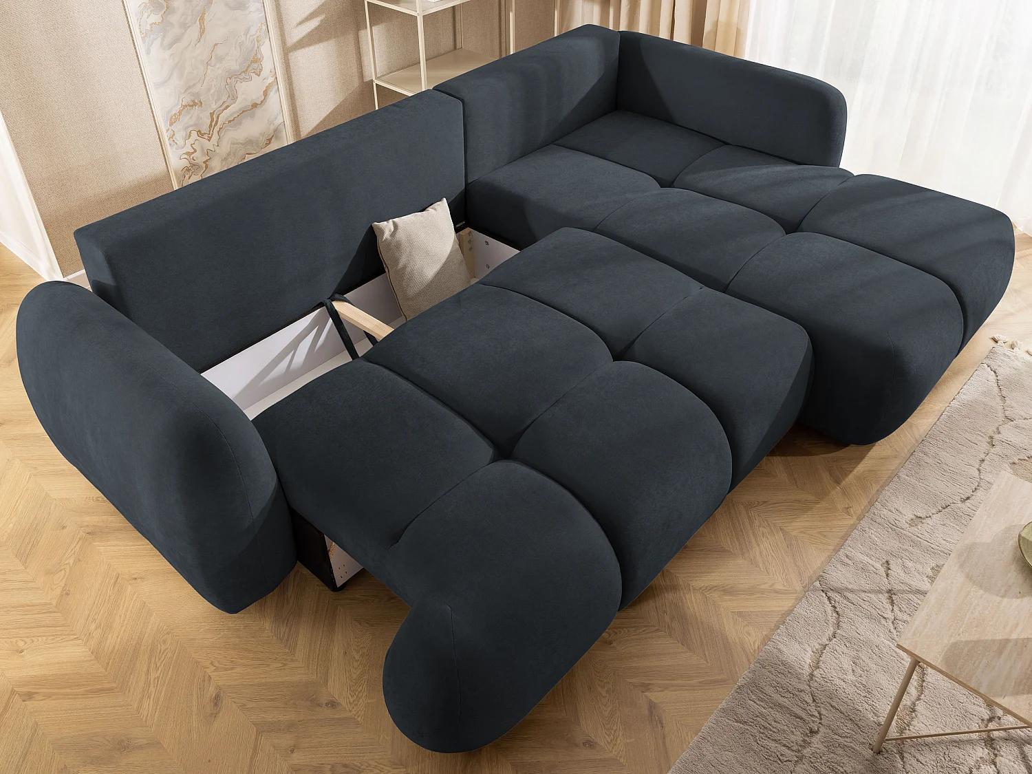 Canapé d’angle avec fonction couchage en tissu tissé LORETTO