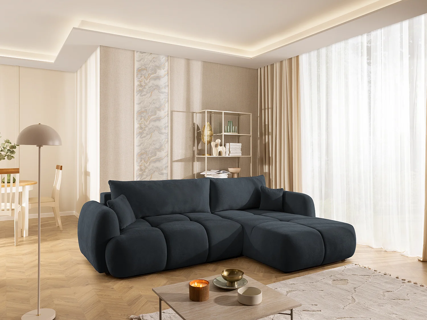 Canapé d’angle avec fonction couchage en tissu tissé LORETTO