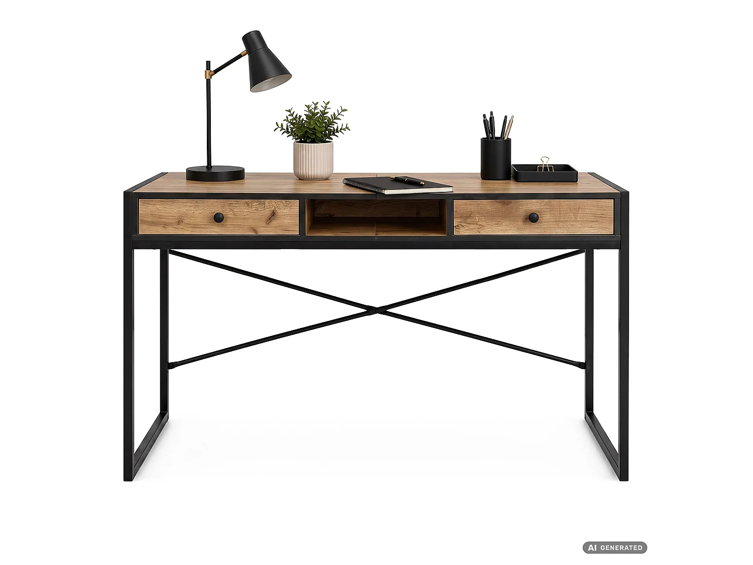Industrieel computerbureau Craft eiken ELONIS 123 cm 2 lades 1 plank Zwarte poten