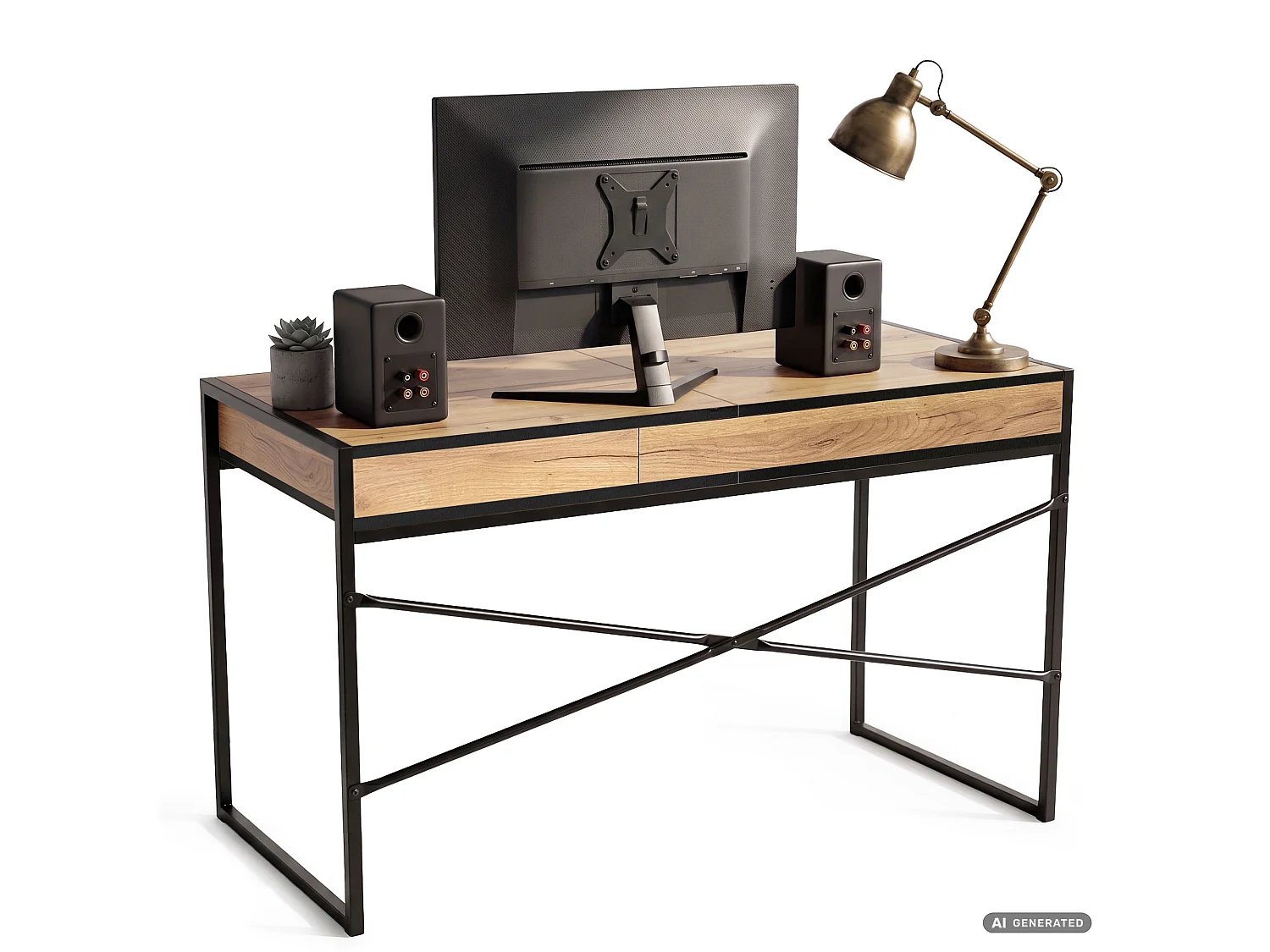 Industrieel computerbureau Craft eiken ELONIS 123 cm 2 lades 1 plank Zwarte poten