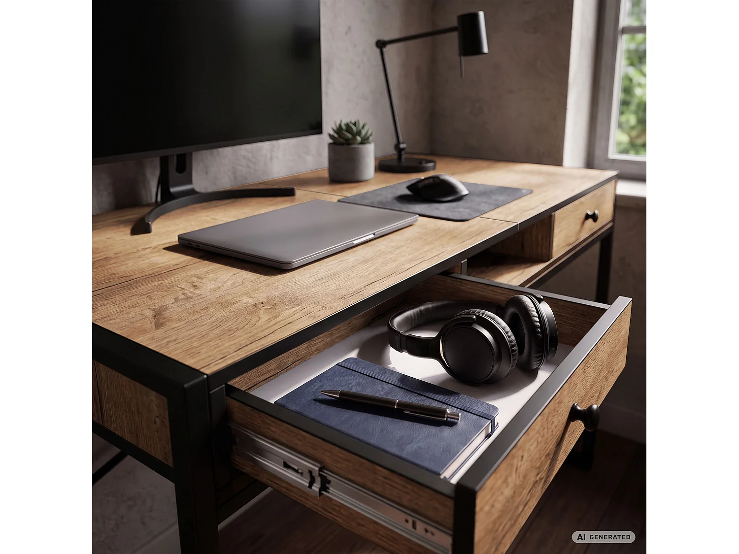 Industrieel computerbureau Craft eiken ELONIS 123 cm 2 lades 1 plank Zwarte poten