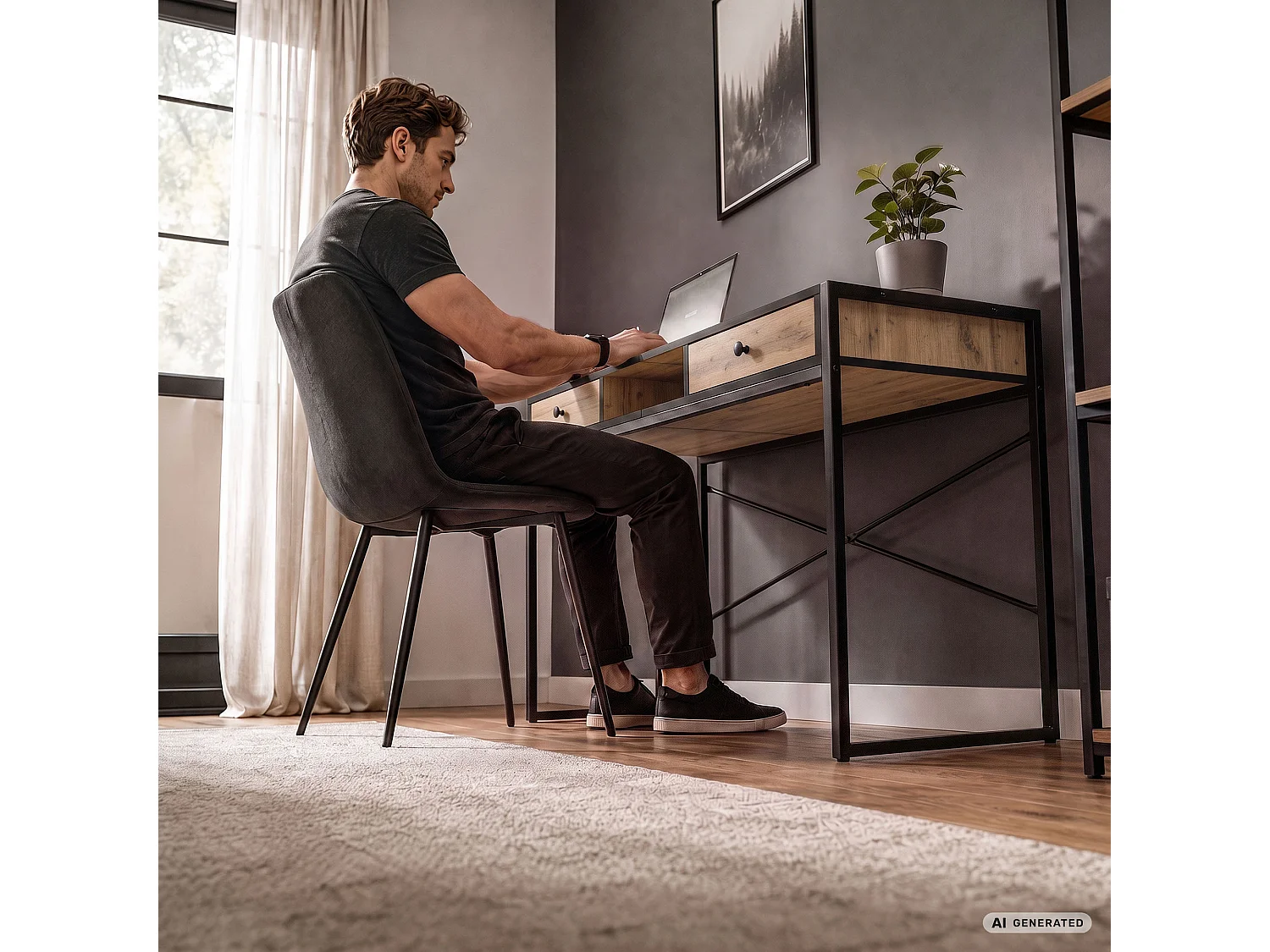 Industrieel computerbureau Craft eiken ELONIS 123 cm 2 lades 1 plank Zwarte poten