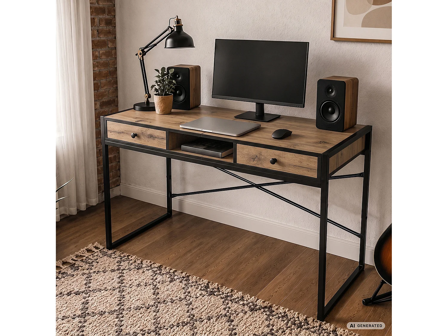 Industrieel computerbureau Craft eiken ELONIS 123 cm 2 lades 1 plank Zwarte poten