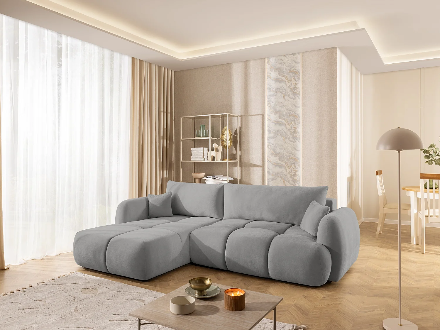Canapé d’angle avec fonction couchage en tissu tissé LORETTO