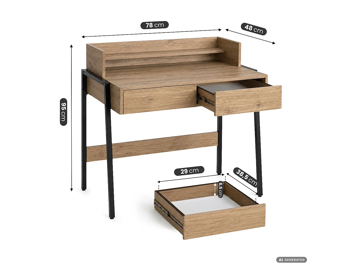 Biurko industrialne komputerowe Dąb Artisan FLUX 78 cm 2 szuflady 1 półka Czarne nogi