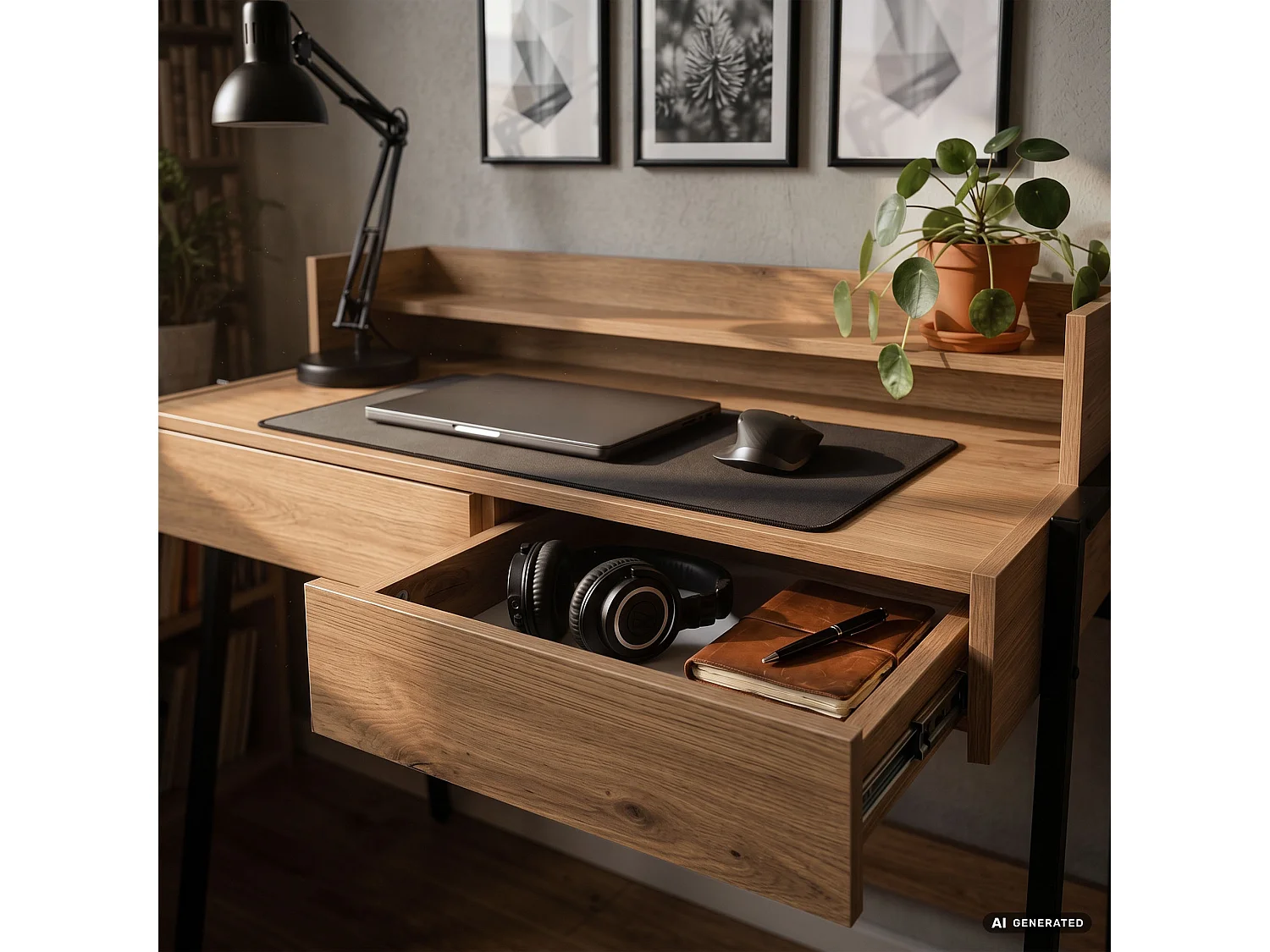 Biurko industrialne komputerowe Dąb Artisan FLUX 78 cm 2 szuflady 1 półka Czarne nogi