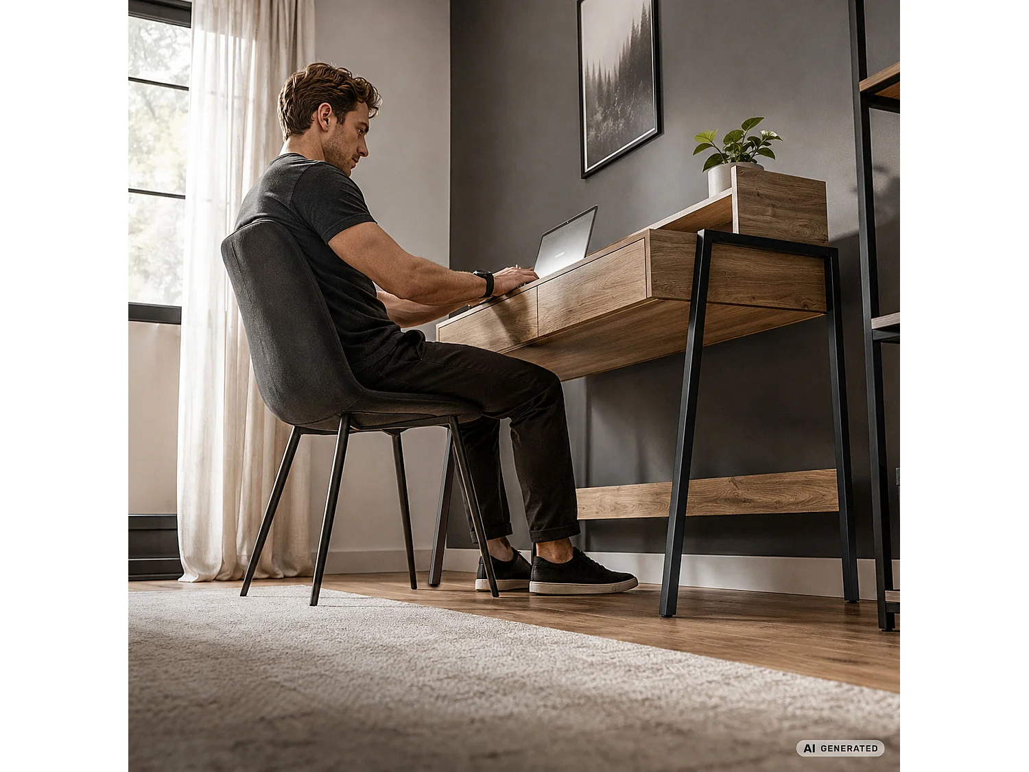 Biurko industrialne komputerowe Dąb Artisan FLUX 78 cm 2 szuflady 1 półka Czarne nogi