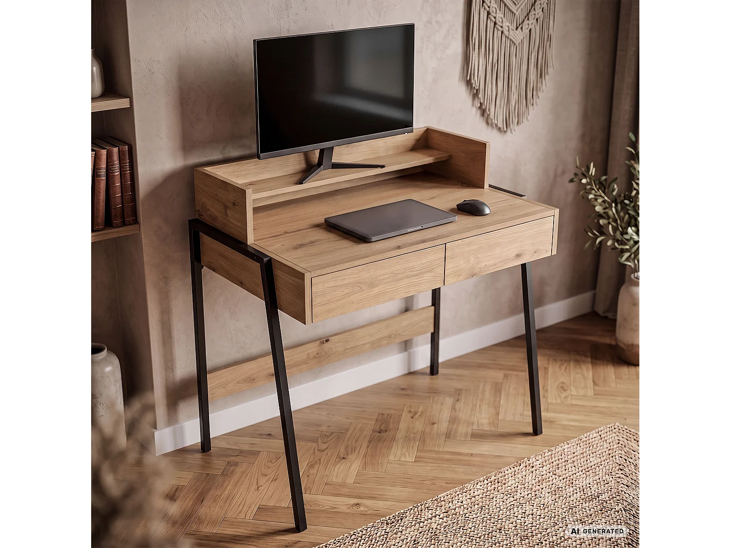 Biurko industrialne komputerowe Dąb Artisan FLUX 78 cm 2 szuflady 1 półka Czarne nogi