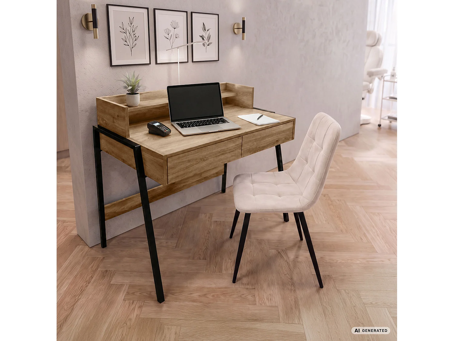Biurko industrialne komputerowe Dąb Artisan FLUX 78 cm 2 szuflady 1 półka Czarne nogi